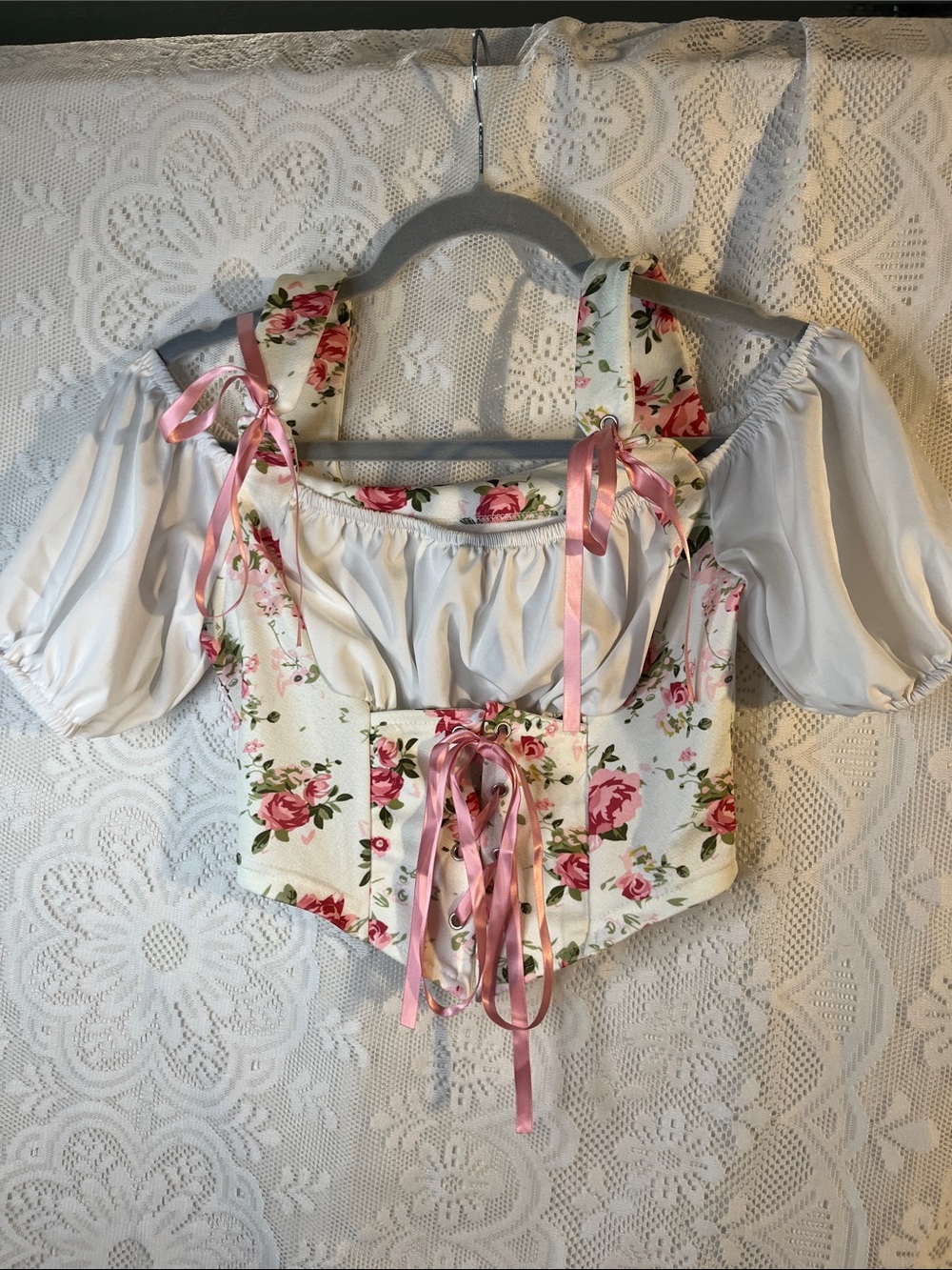 SHEIN Floral Lace-Up Corset Top with White Peasant Sleeve M